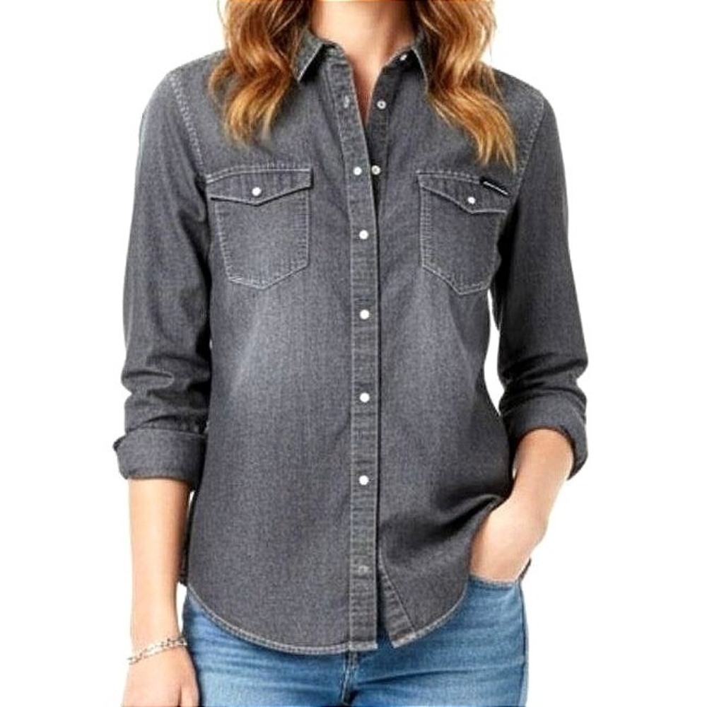 Calvin Klein Jeans Womens Small Gray Denim‎ Western Shirt Snap Buttons Faded